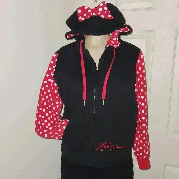 Disney Parks Minnie Mouse Zip-Up Hoodie w/Ears and Bow Polka Dots Size M - Picture 1 of 12